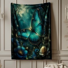 Mystic Teal Butterfly Coral Fleece Blanket Floral Art Decor