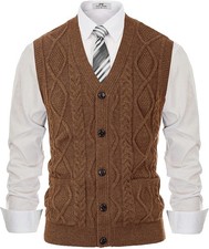 Mens Cable Knit V Neck Sweater Vest Button Up