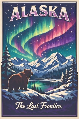 Alaska The Last Frontier USA Aurora Retro Travel Poster Print Wall Art