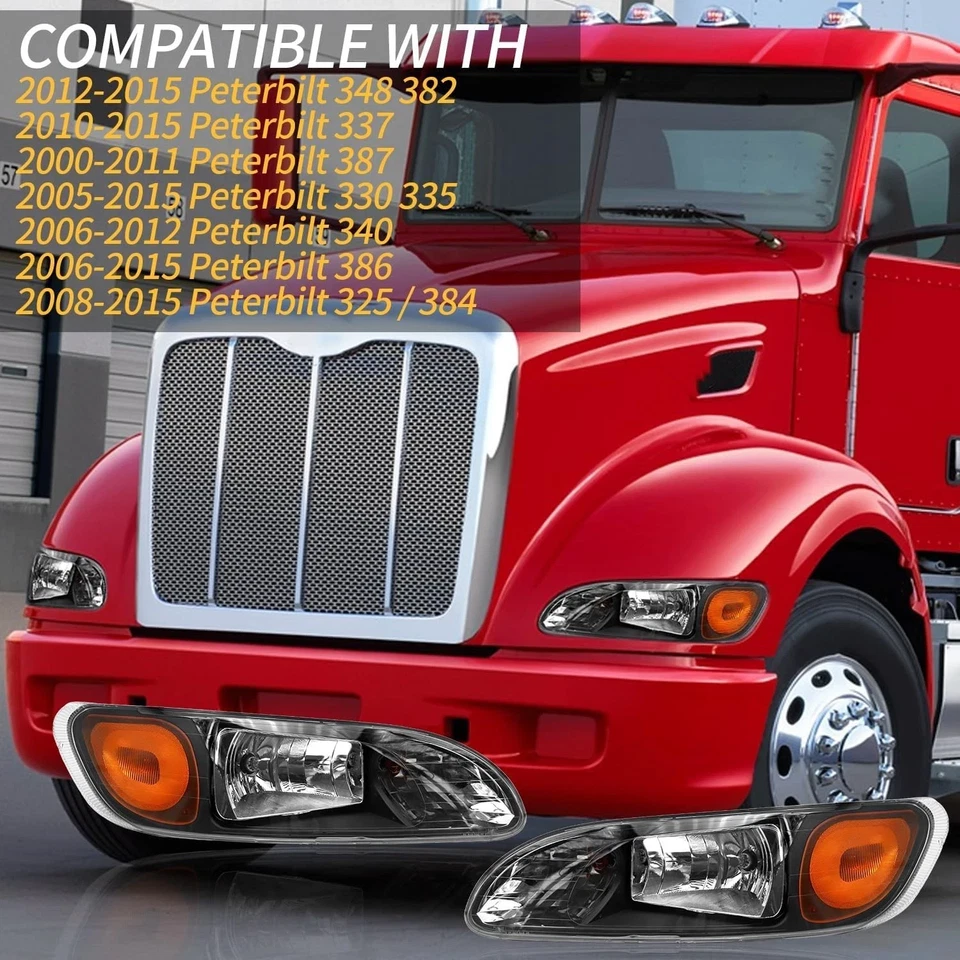 Headlights For 2008-2013 Peterbilt 325/384/386 Truck Black Left+Right Headlamps - Image 4 of 4