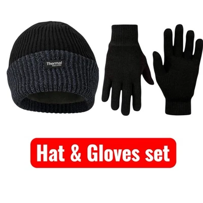 Men Hat And Gloves Set Warm Winter Thermal Unisex Knitted Hat & Gloves Set UK