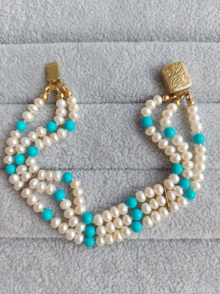 Wunderschöner Perlenarmreif aus echten Perlen und Türkis, Armband, Silber 925✨️ - Bild 4 von 4