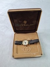 Vintage Gucci womens swiss quartz watch round case black leather strap