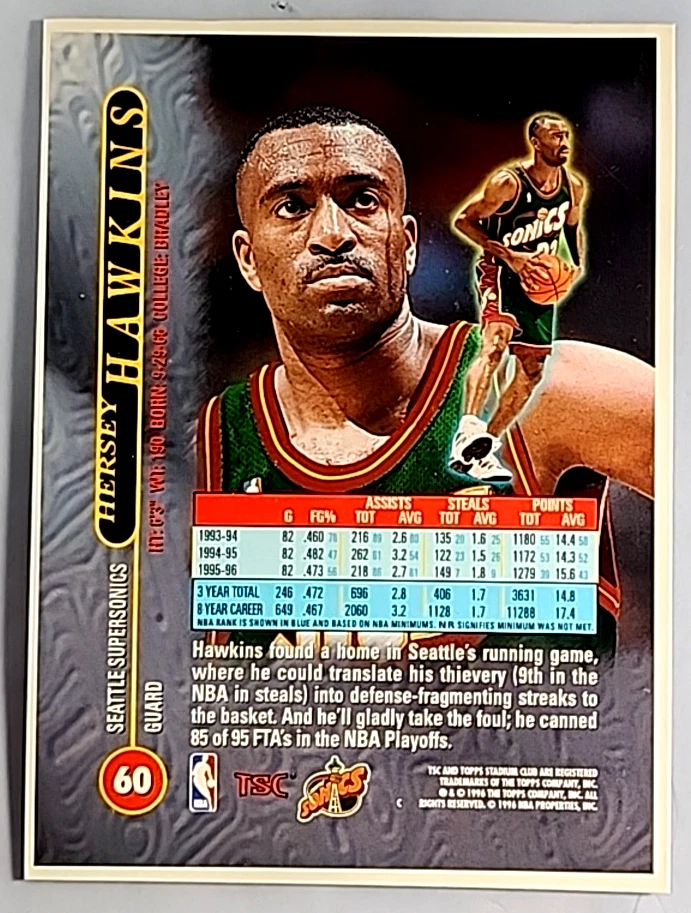 1996 Topps Stadium Club Тестовая Печать Негабаритный Автограф No60 Херси Хокинс Авто - Изображение 2 из 2