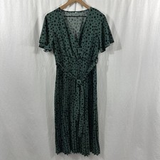 Unbranded Pleated Green Animal Print Tie Waist Midi Dress Womens Size M Cheetah