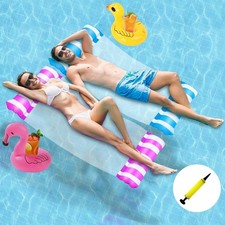 2 Pack Netted Lilo Pool Inflatables with 1 Pump and 2 Drink Holder, 4 in 1 Swimm