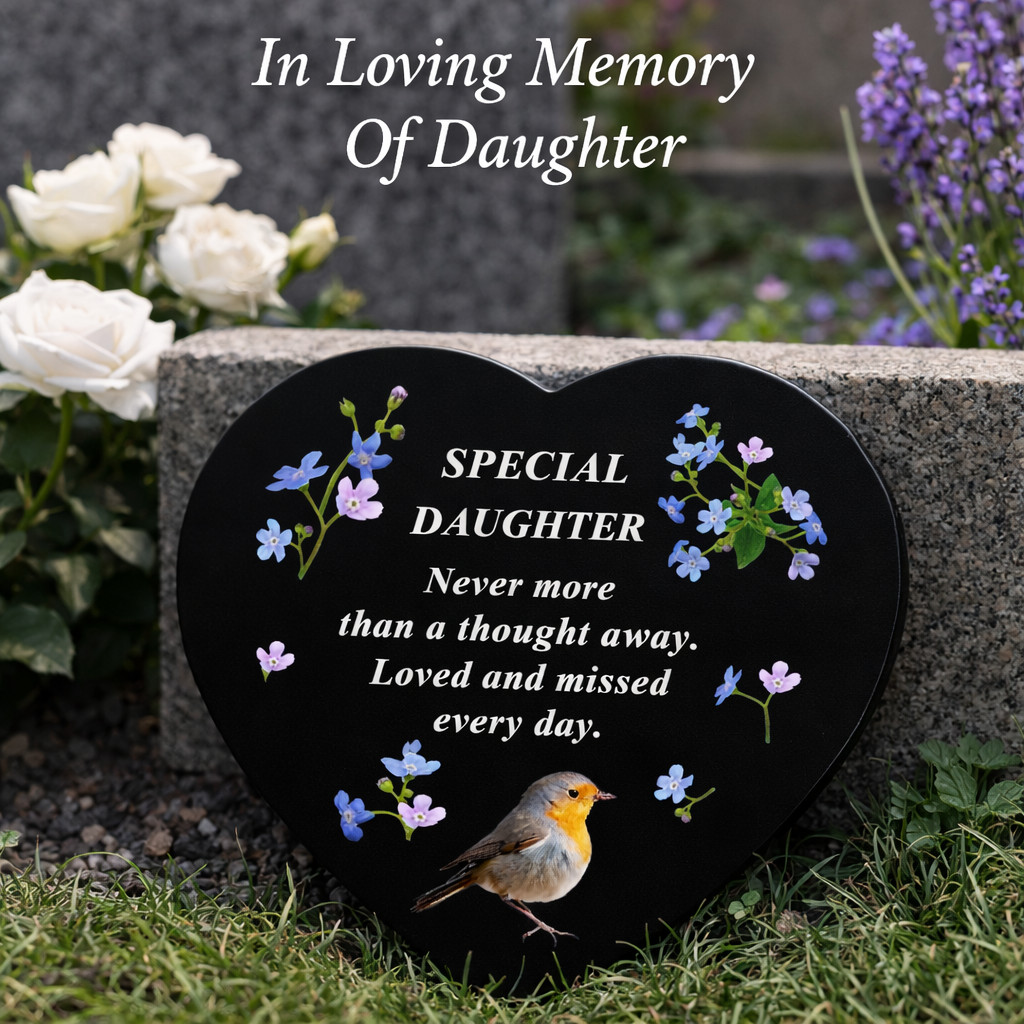 Daughter Memorial Heart Plaque Robin Forget Me Not Graveside Remembrance Tribute