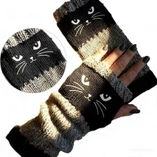 Knitted Fingerless Gloves Winter Cute Women’s Knitted Cat Gloves For Warm Hands