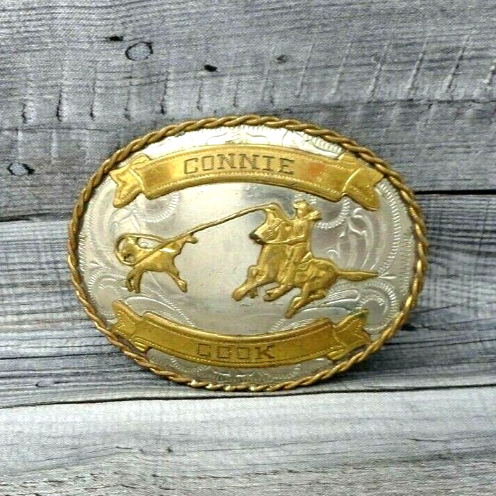 Western Calf Roping Trophy Belt Buckle Rodeo Nickel Silver Vintage 80s ...