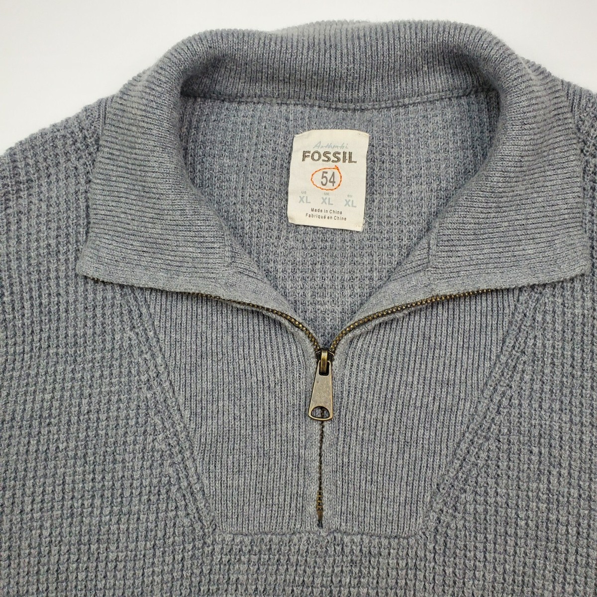 Men's Gray Fossil 54 Knit 1/4 Zip Pullover Sweater size XL- Cotton Wool Blend View 2