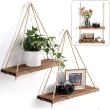 Wooden Hanging Swing Shelf with Hemp Rope, Floating Wall Shelf for Plants, Decor