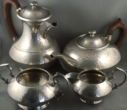 Antique Hal o' England John Turton Sheffield Hammered Pewter Tea Coffee Set