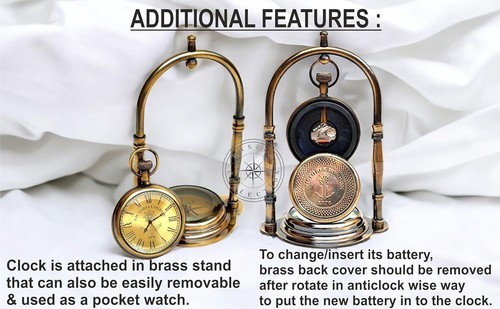 Brass Desk Clock Nautical Antique Marine Compass Watch Collectible Vintage Gifts - Picture 3 of 5