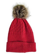 Women's Faux Fur Pom Pom Cable Knit Winter Beanie Hat Persian Red One Size