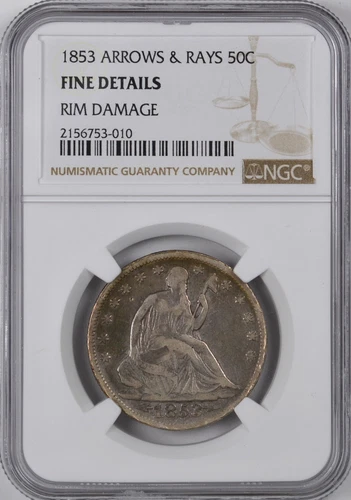 1853 Arrows & Rays Liberty Seated Silver Half Dollar 50C / NGC Fine Detail