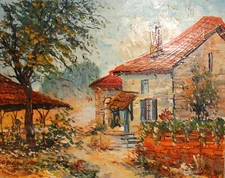 Vintage impressionist oil painting landscape houses