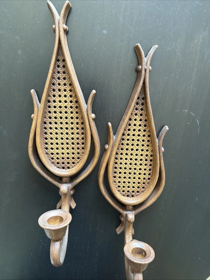 "Juego vintage de 2 bollos de pared Boho imitación madera mimbre/ratán marrón 15""H 5""W" Foto 3 de 4