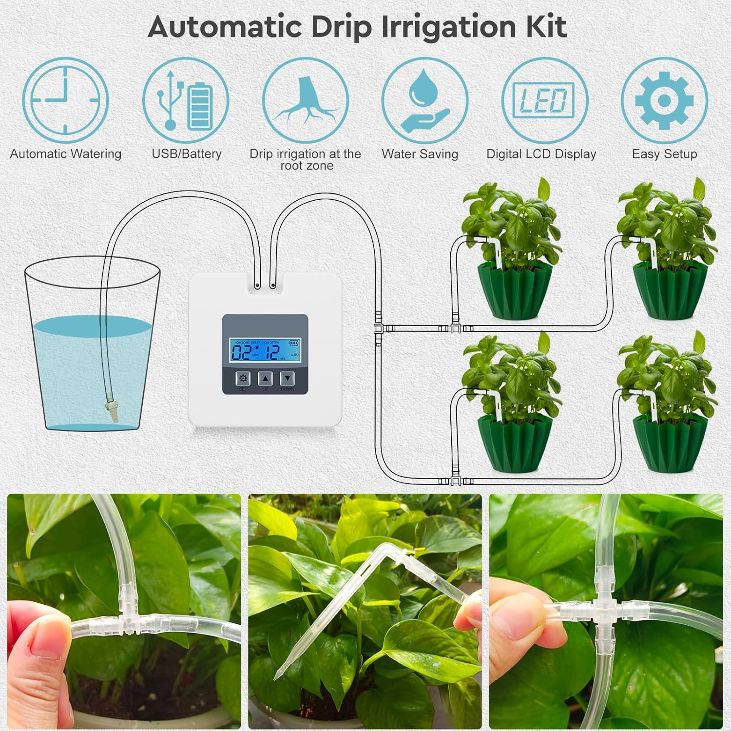 Bestcool Sistema Irrigazione Automatica USB 1800mAh con 10 Vasi | Programmi Personalizzati per Giardino, Prato, Serra, Ombrelloni | Kit Irrigazione a Goccia per Piante da Interno/Esterno
