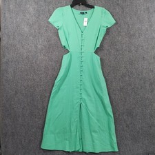 Gap Dress Womens 2 Green Linen Cutout Button Front Midi Short Sleeve V Neck