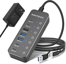 7-Port Powered USB 3.2/USB-C Hub Splitter with 3 X 10Gbps USB-3.2 Ports 2C 1A