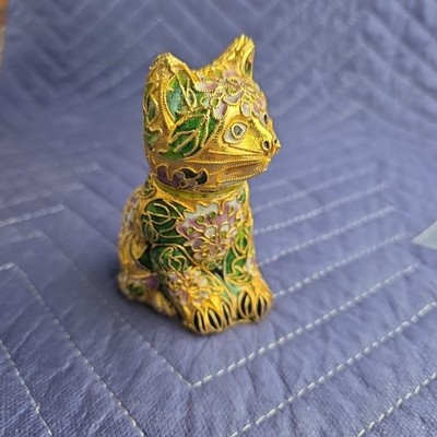 Cloisonne Enamel Kitty Cat Figurine Floral Design 4'' Tall