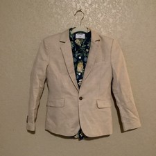 H M Blazer Jacket Youth Boys 10 Beige Linen Blend Shirt 10-12 Floral Blue