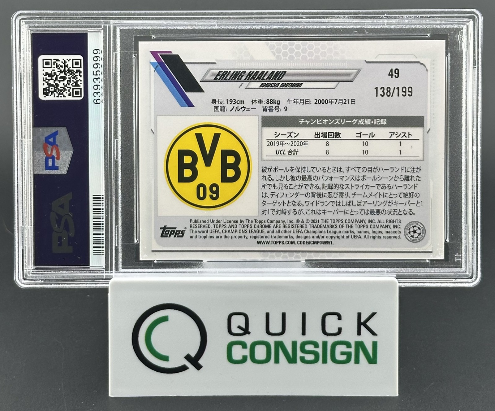 ERLING HAALAND 2020-21 TOPPS CHROME UCL JAPAN AQUA REFRACTOR PSA 10 Q6995 view 2