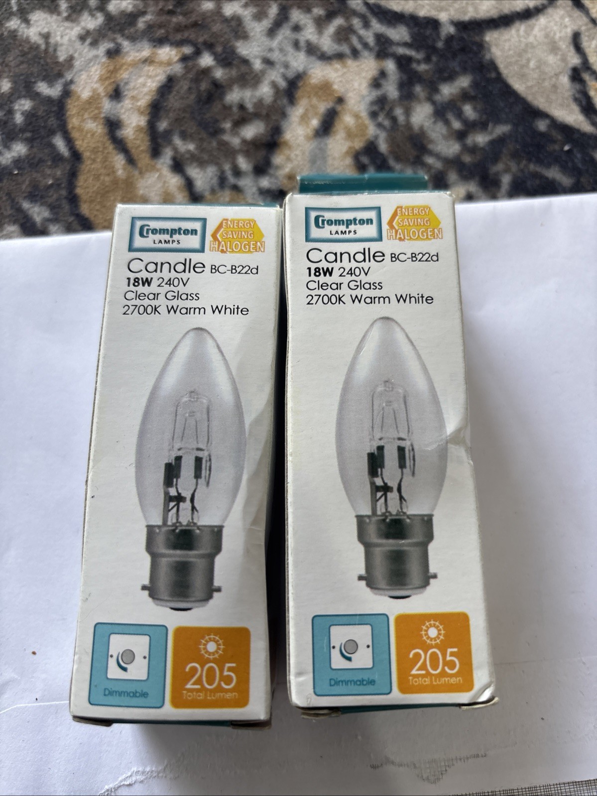 2X Crompton Clear 18W energy saving halogen candle bulb. BC-B22d. Warm white.R71