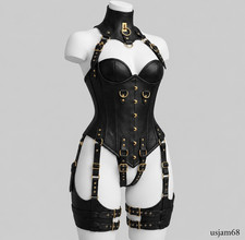 Women’s Leather Corset Harness Bodysuit Gothic Buckle Bustier Steampunk Fetish