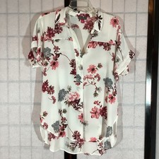 Vince Camuto Women's Floral Sheer Tunic Blouse M  V Neck Ivory Pink Grey Top