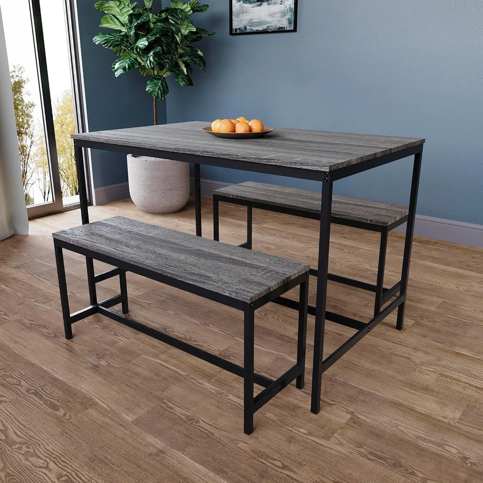 4 Seater Dining Table Set with 2 Benches - Solid Metal Frame, Modern Design - Image 3 of 4