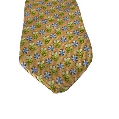 Ermenegildo Zegna Tie Mens Silk Tan Green Blue Floral Micro Print Necktie