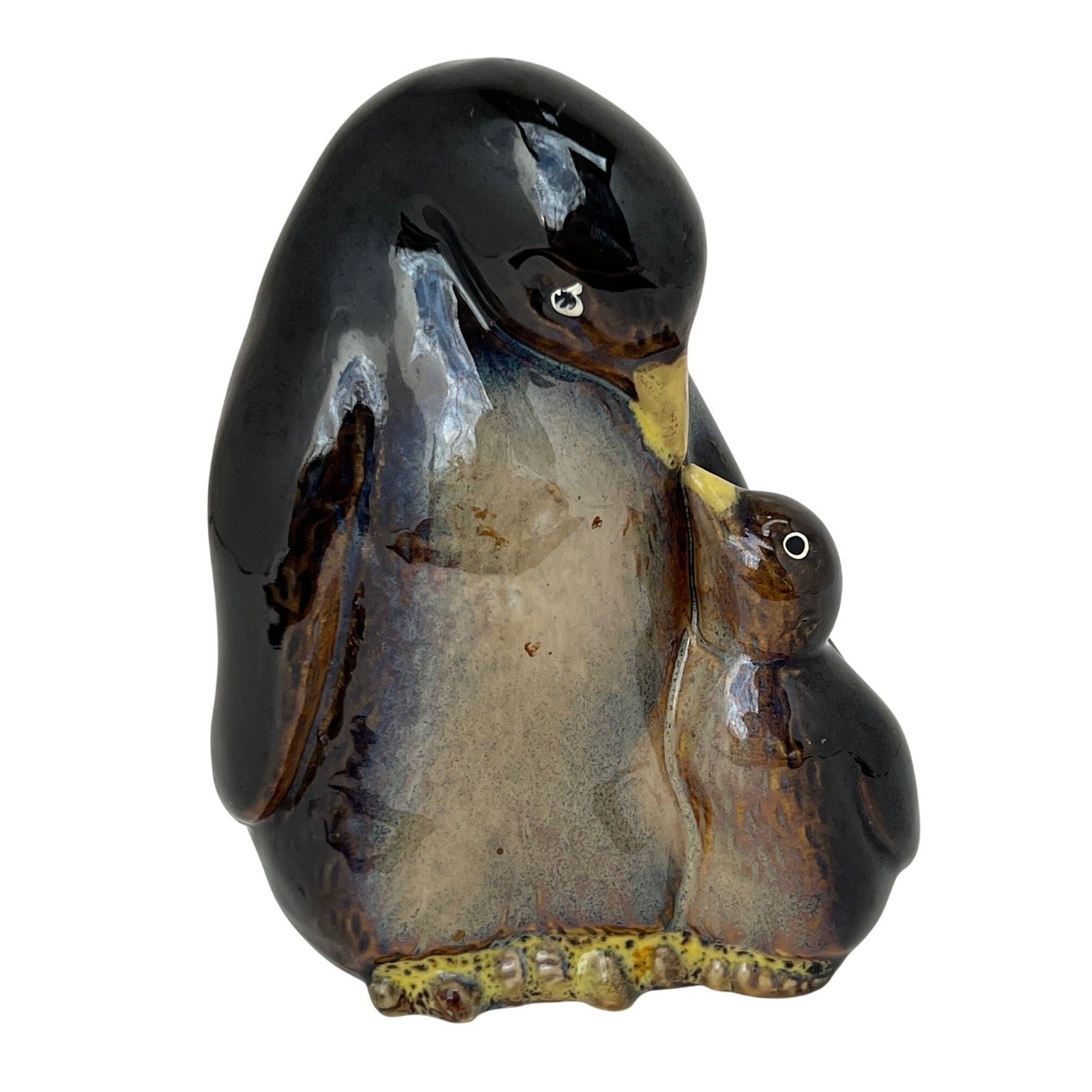 Vintage Penguin Figurine | Parent Chick Love | Ceramic Drip Glaze Blue Brown