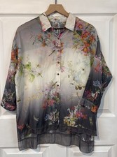 Johnny Was 3J Workshop Button Up Tunic Blouse Silk Blend Floral Dragonflies Sz S