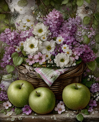 8x10 Cozy Storybook Basket of Flowers Art Print Classic Illustration - 290913718