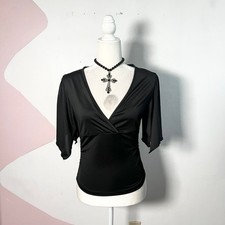 Black Babydoll Top Medium Flutter Sleeve Ruched Gothic Whimsigoth Grunge