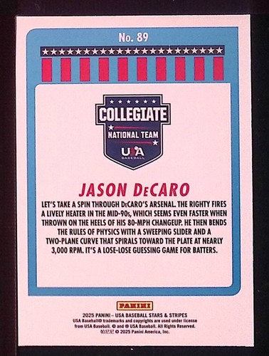 Jason DeCaro 2025 Panini Stars and Stripes USA Baseball Foil #89 - Foto 2 di 2