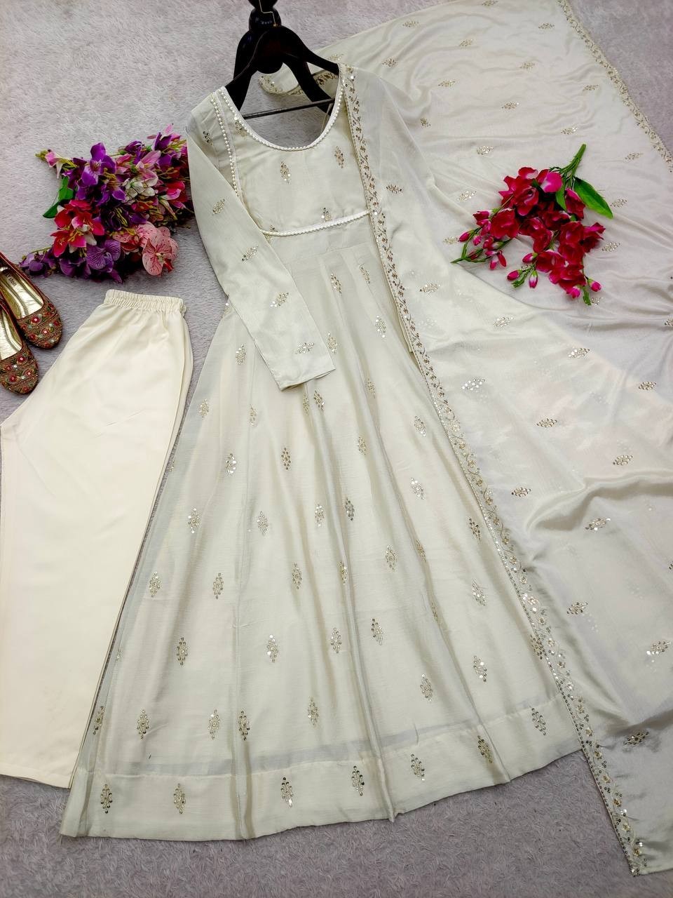 Pure Chinon Silk Off White Gown Bottom With Dupatta For Women Festival Wear thumbnail 2