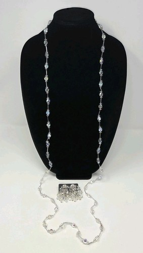 AB Faceted Crystal Beaded 60 Inch Necklace & Waterfall Clip-on Earrings Vintage - Picture 7 of 16