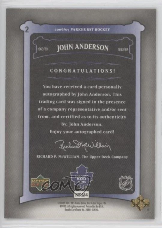 2006-07 Upper Deck Parkhurst Auto John Anderson #2 Auto - Image 2 of 2
