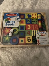 Melissa  Doug Wooden Lacing Beads - 27 Colorful Shapes  Numbers, Ages 3 New 