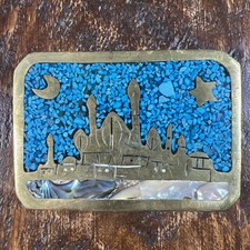VTG Native / SW Pueblo Design Brass Belt Buckle Turquoise  Abalone Chip Inlay