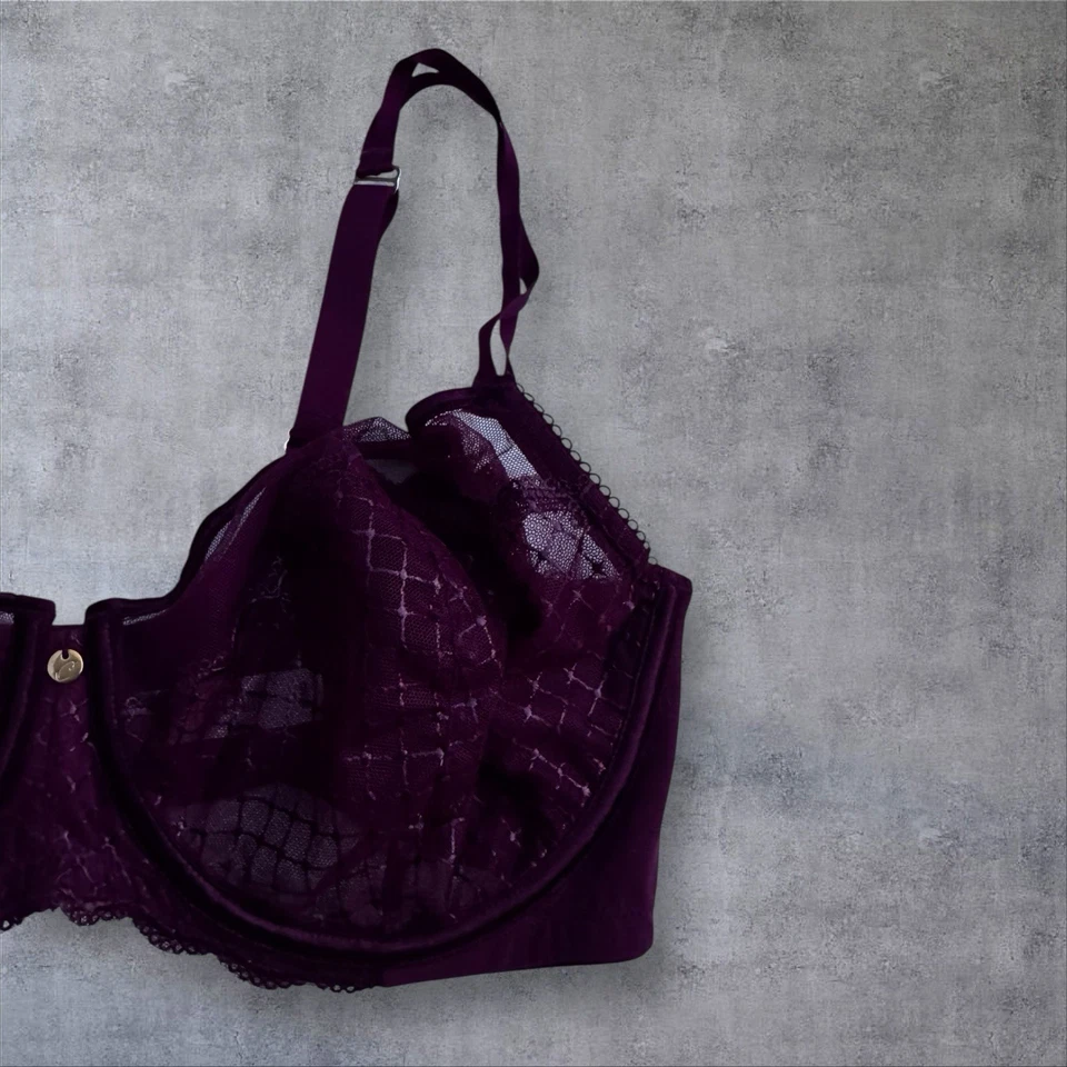 Cacique Underwire Unlined Burgundy Lace Balconette Bra Size 38DD Sexy Sheer - Image 4 of 4