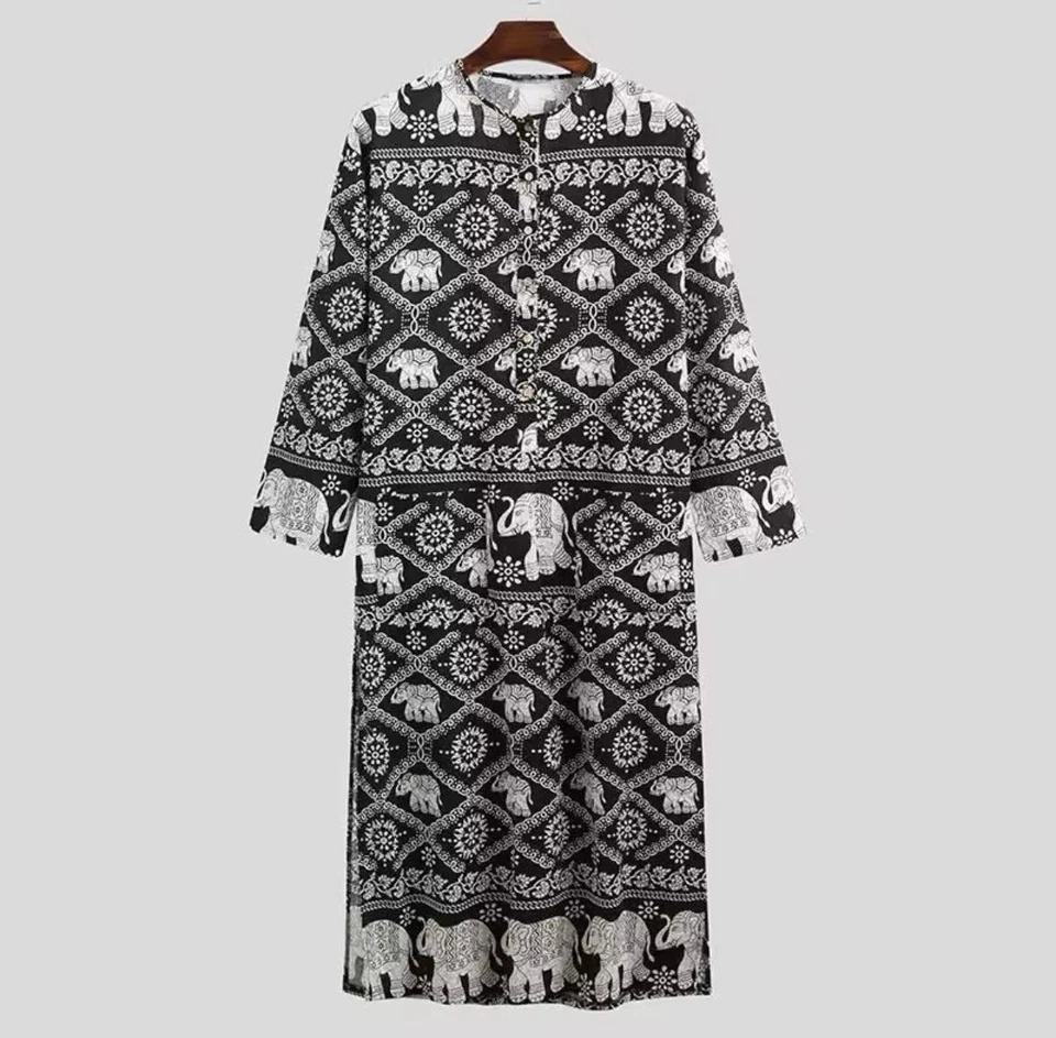 Ropa musulmana para hombre manga larga islámica árabe saudí kaftan bata algodón a rayas Foto 3 de 4