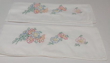 2 x Vintage Cottage Core Hand Embroidered Floral White Pillowcases