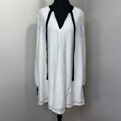 mimi chica Tunic Dress Women's Small White Black Detail Lace V-Neck 3/4 Sleeve