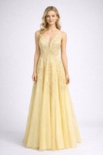 Xscape Yellow Floral Applique Tulle Prom Dress Gown Sz 12 Formal Prom Bridesmaid