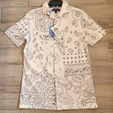 Cremieux camp shirt S white jersey cotton paisley coastal Rhode Island new $85