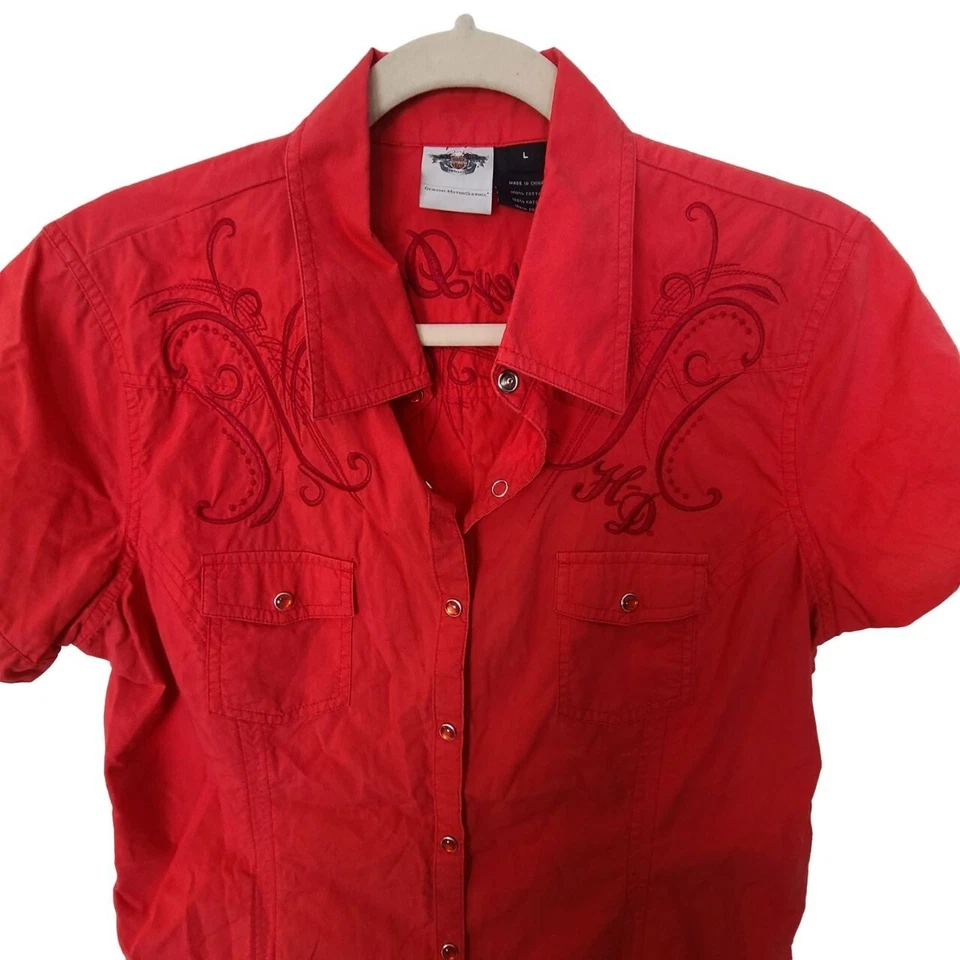 Camisa occidental Harley Davidson para mujer L rosa bordada manga corta frente a presión Foto 2 de 4