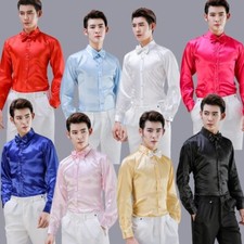 Men's Silky Dress Shirt Formal Shiny Long Sleeve Bow Tie Tops Stage Costume Wear